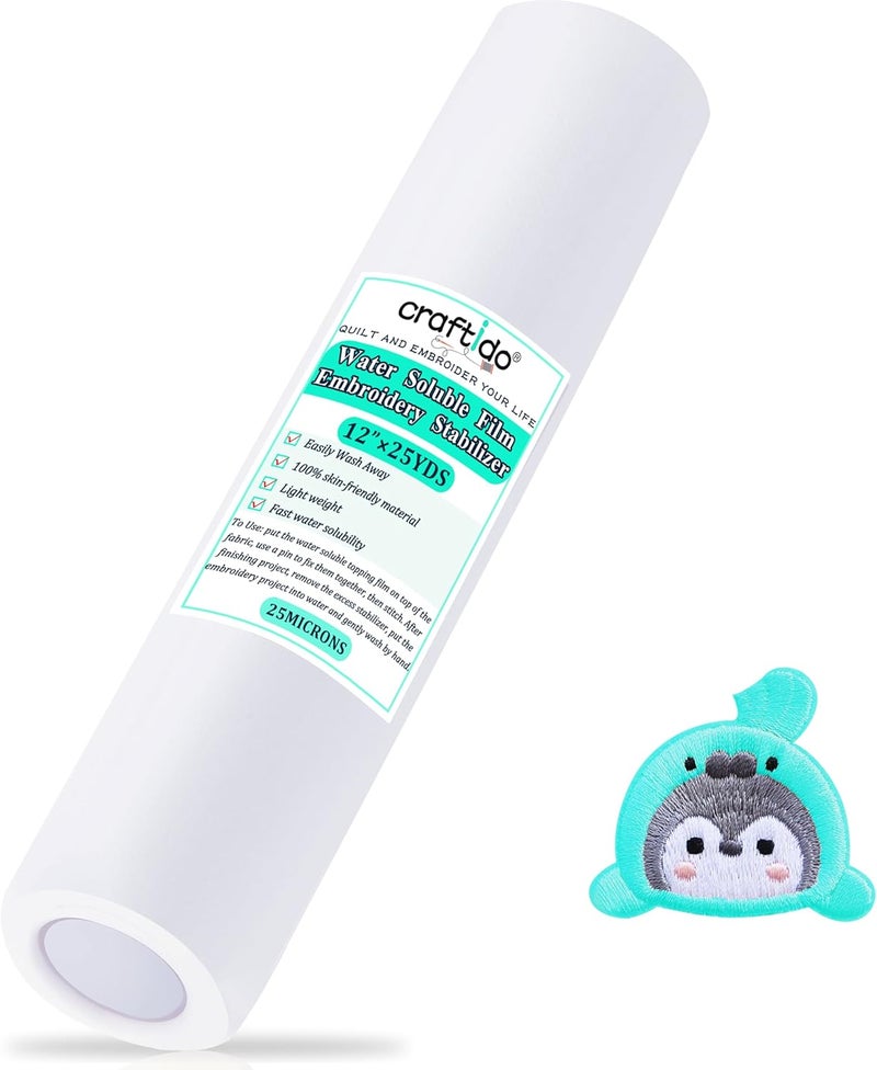 craftido Clear Wash Away/Water Soluble Embroidery Stabilizer Topping Film 12" x 25 Yd/roll Compatible with Most Hoops 25µm Light Weight for Machine Embroidery and Hand Sewing - Image 1